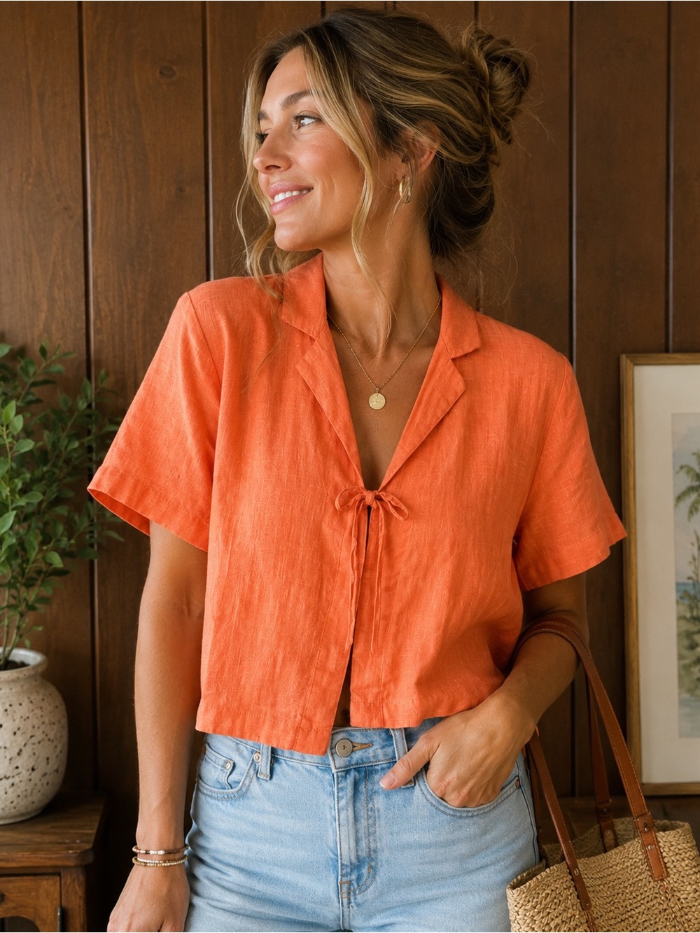 Calypso St. Barth Orange 100% Linen Tie Front Shirt Women’s Size Small